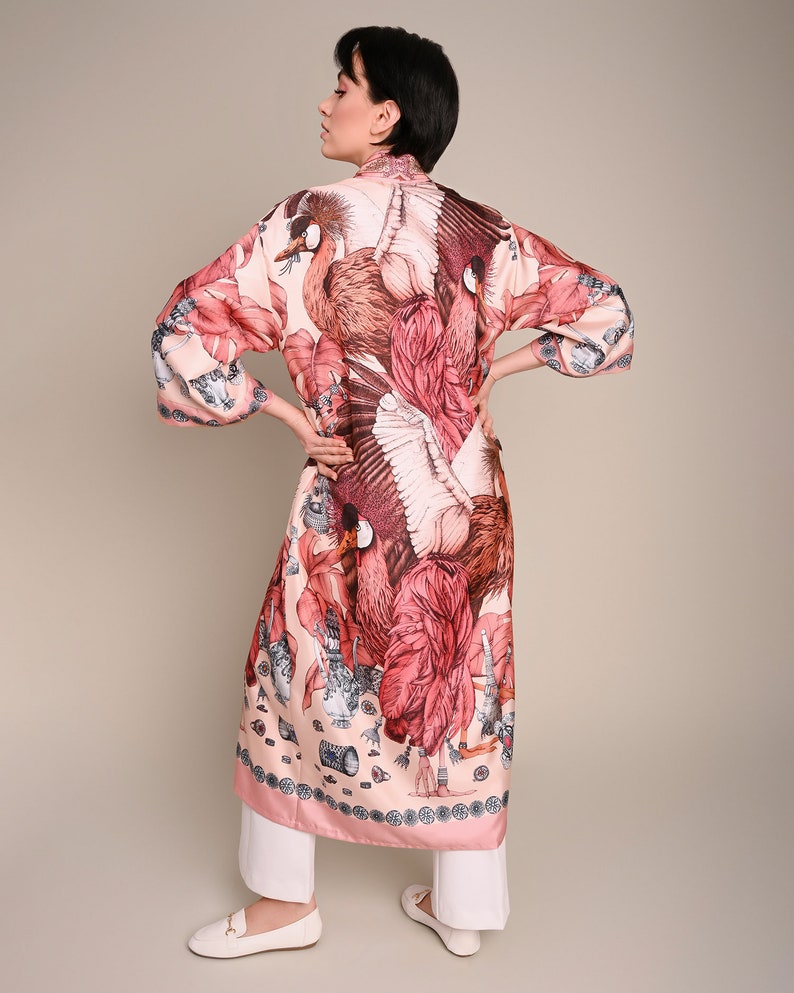 Silk Kimono, Silk Dress, Women Robe, Pure Silk Twill, Handmade Silk Kimono, African Crowned Crane Print, Illustrated by hand, Gift for her image 2