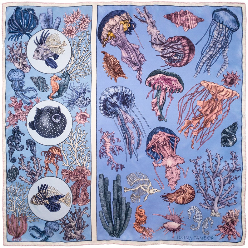 Babushka scarf, Mulberry silk scarf, Perfect gift for her, Women's Scarf, Italian Silk scarf, The Sea Life, Blue Scarf, Handmade, Jellyfish zdjęcie 2