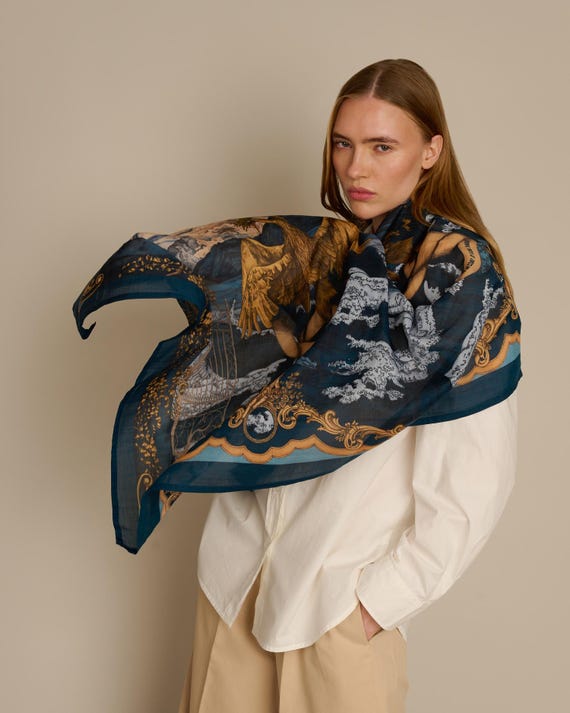 Lago Di Como Silk Cotton Scarf, Navy Blue Shawl, Hand-Drawn Illustration