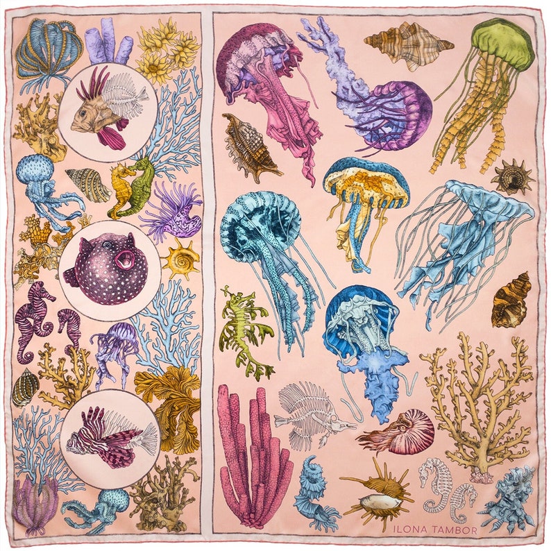 Silk Scarf, Mulberry silk scarf, Printed Scarf, Women's Scarf, Italian Silk scarf, The Sea Life, Pink Scarf, Headscarf, Jellyfish image 2