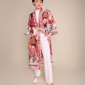 Silk Kimono, Silk Dress, Women Robe, Pure Silk Twill, Handmade Silk Kimono, African Crowned Crane Print, Illustrated by hand, Gift for her image 4
