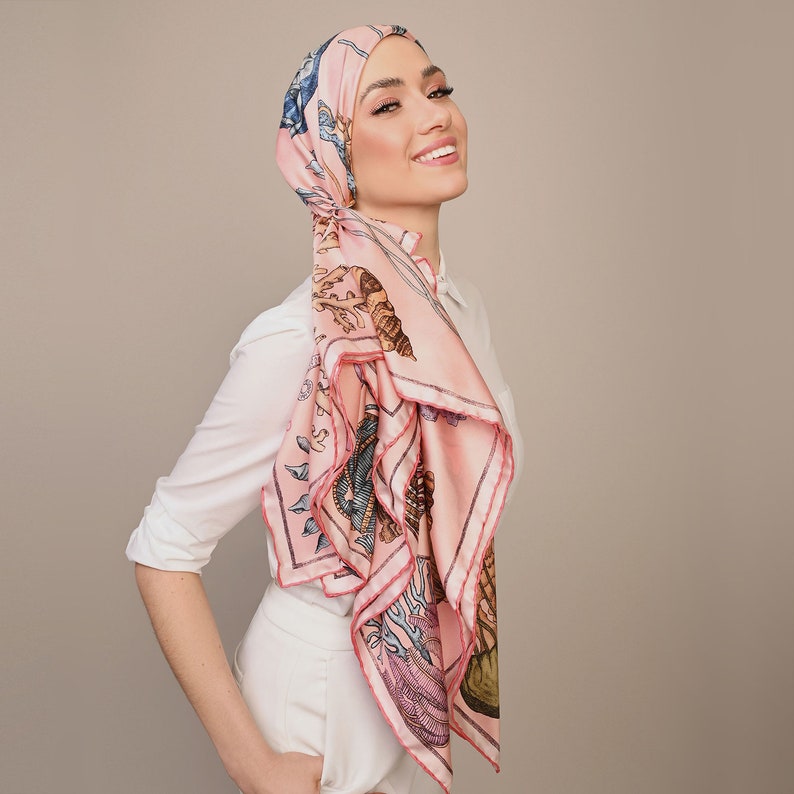 Silk Scarf, Mulberry silk scarf, Printed Scarf, Women's Scarf, Italian Silk scarf, The Sea Life, Pink Scarf, Headscarf, Jellyfish image 3