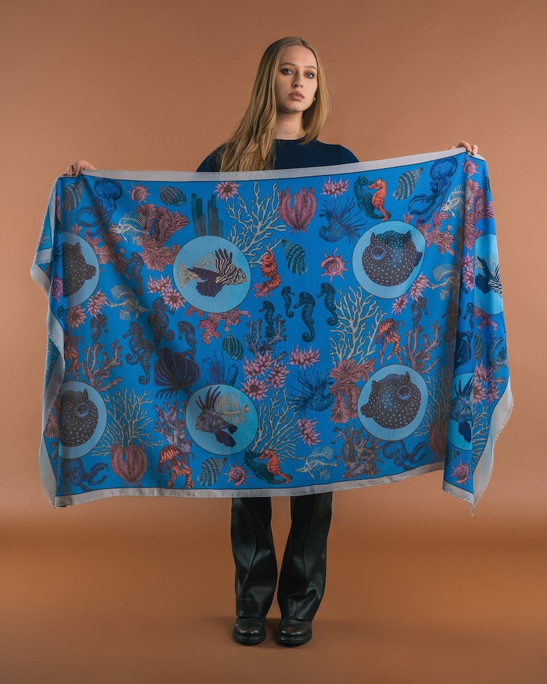 Silk Blend Blue Stole, Blue Silk Cotton Scarf, Women Shawl, Blue Large Scarf, The Sea Life, Hand Painted Shawl, Gift For Her image 1