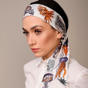 Skinny Scarf for women, Hair scarf, Silk Scarf for bags, 120cm*6cm, The Sea Life, Purse handle wraps, Anniversary gift, Bridesmaid Gift