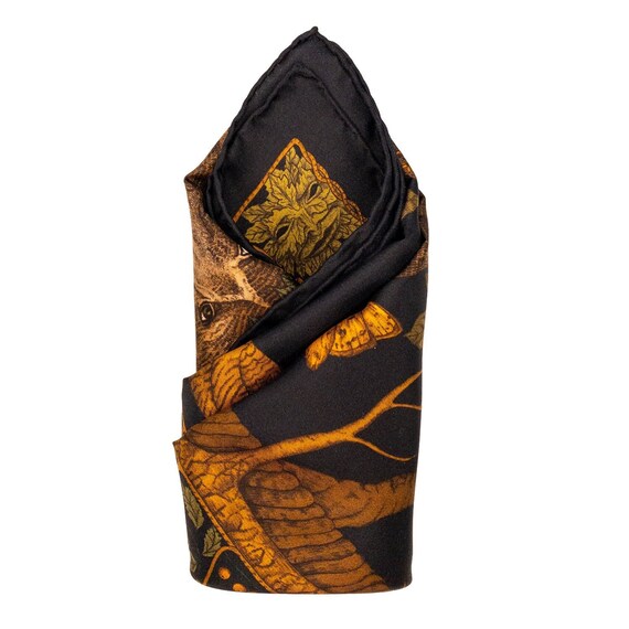 Leshy Black Silk Pocket Square: Green Woodland Bear, Handmade in