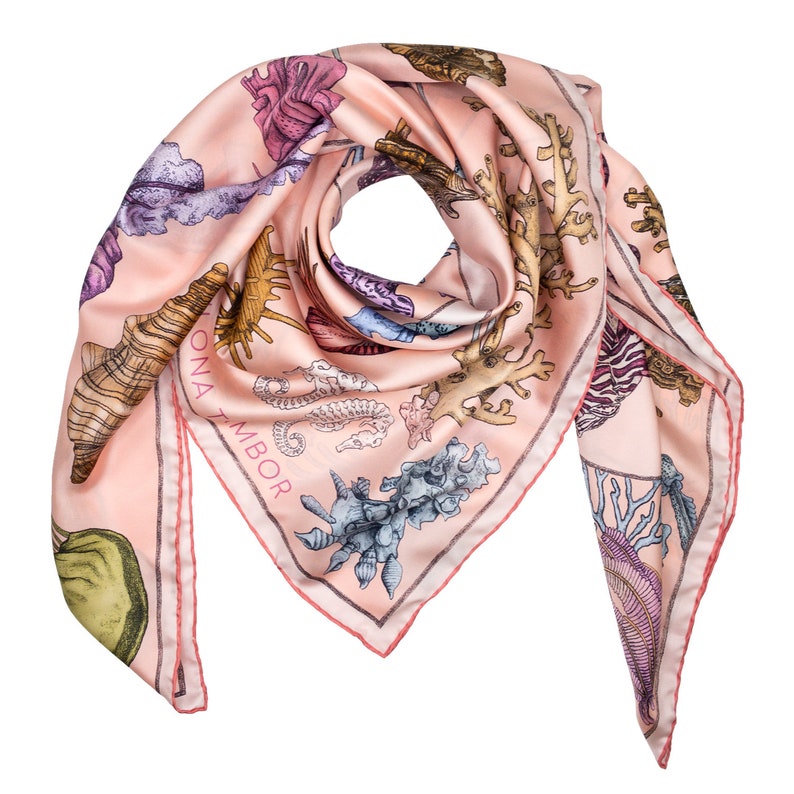 Silk Scarf, Mulberry silk scarf, Printed Scarf, Women's Scarf, Italian Silk scarf, The Sea Life, Pink Scarf, Headscarf, Jellyfish image 7