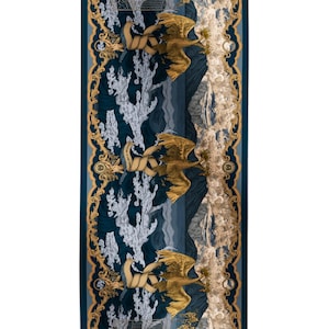May include: A rectangular scarf featuring a repeating pattern of golden birds in flight against a dark blue background. The design includes intricate gold scrollwork borders, stylized white clouds, and beige ribbon elements throughout the print.