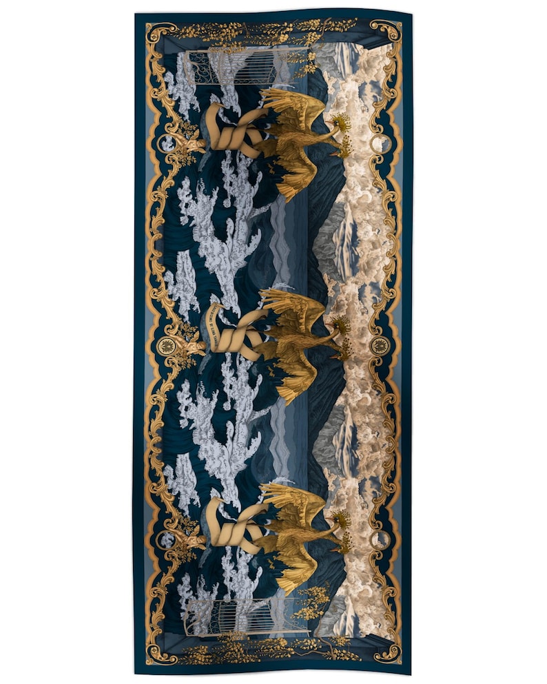 May include: A rectangular scarf featuring a repeating pattern of golden birds in flight against a dark blue background. The design includes intricate gold scrollwork borders, stylized white clouds, and beige ribbon elements throughout the print.