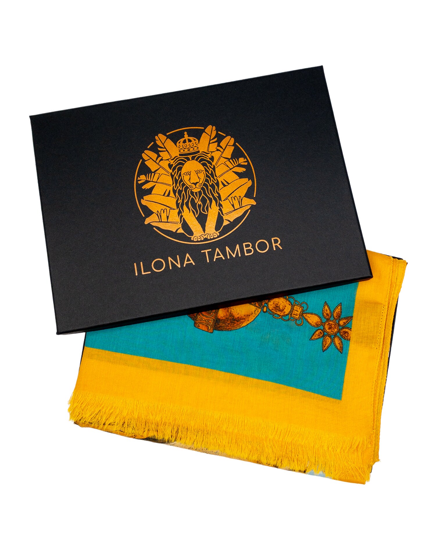 Silk Ribbon Scarf The Mysterious Lion King Gold - Teal by Ilona Tambor