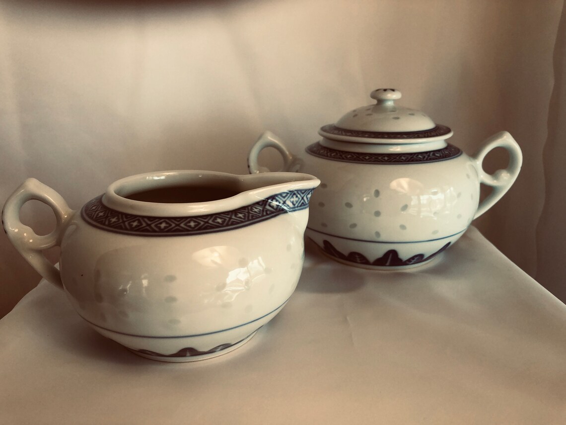 Tienshan Rice Flower Sugar Bowl And Creamer Fine China Blue Etsy