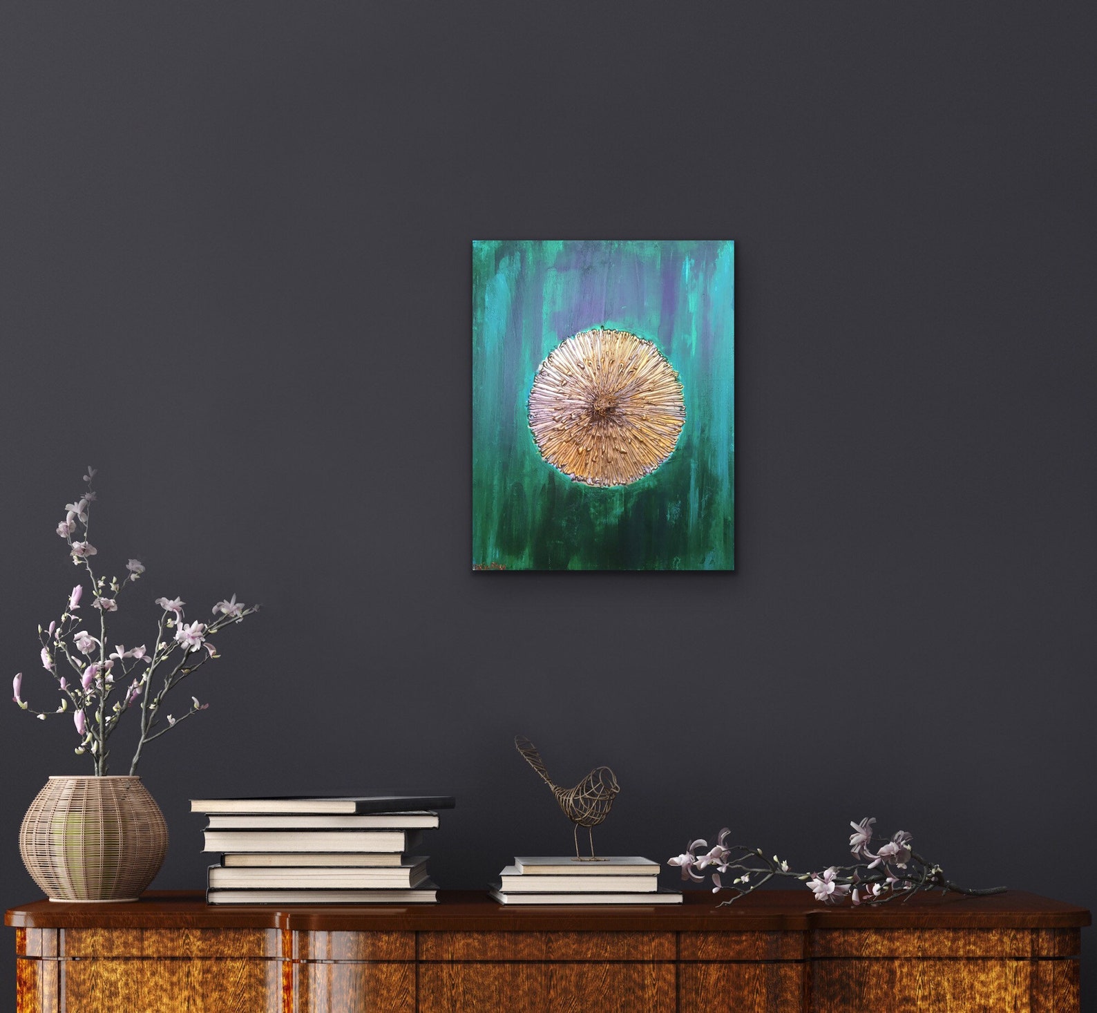 Gold circle wall decor green flower painting floral wall art Etsy