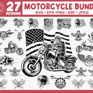 May include: A set of 27 motorcycle-themed digital designs, including a biker riding a motorcycle with an American flag in the background, a skull with wings, and a variety of other motorcycle-related graphics. The designs are available in SVG, EPS, PNG, DXF, and JPEG formats.