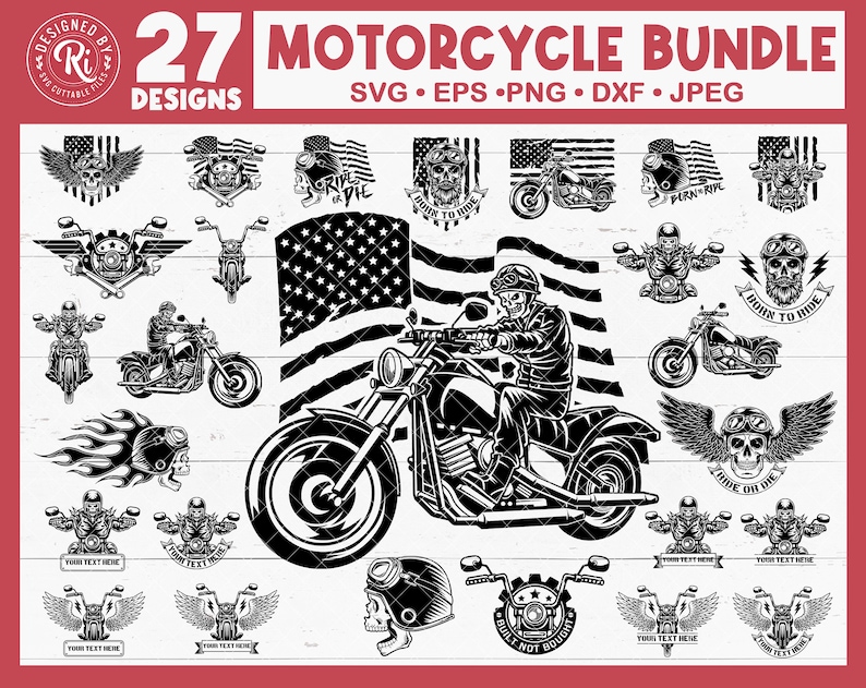 May include: A set of 27 motorcycle-themed digital designs, including a biker riding a motorcycle with an American flag in the background, a skull with wings, and a variety of other motorcycle-related graphics. The designs are available in SVG, EPS, PNG, DXF, and JPEG formats.