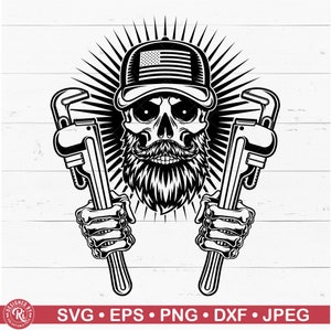 Puede incluir: Ilustración en blanco y negro de una calavera con una gorra de béisbol con un diseño de bandera estadounidense y sosteniendo dos llaves de tubo.