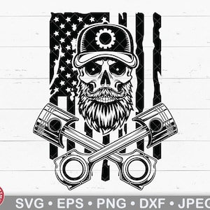 Patriotic Bearded Skull Diesel Car Motorcycle Mechanic Crossed Pistons with US Flag Svg, Shirt, Clipart, Tools, Sign, Garage, Cricut, Png