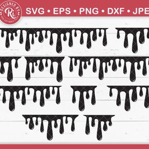 May include: Black dripping paint SVG cut files in various sizes. The image includes the text "SVG • EPS • PNG • DXF • JPEG" and "DESIGNED BY RI SVG CUTTABLE FILES". The design is on a white background with a wood grain pattern.