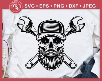 Bearded Skull Mechanic Svg, Mechanic Svg, American Mechanic Svg, Patriotic Mechanic Svg, Bearded Skull Cap Svg, Skull with Wrenches Svg