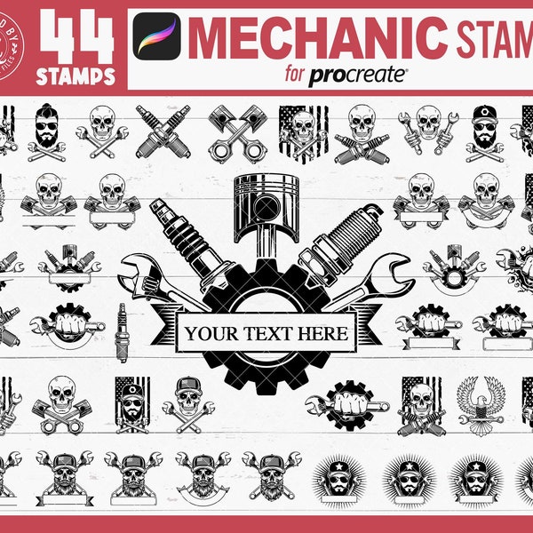 Procreate Mechanic Stamps, Procreate Skull Stamps, Procreate Garage Stamps, Procreate Racing Stamps, Procreate Workshop Stamps