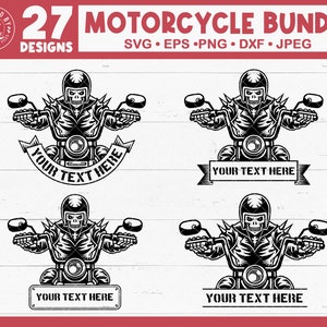 May include: A set of four black and white illustrations of a skeleton riding a motorcycle. Each illustration features a different pose of the skeleton and motorcycle. The text "YOUR TEXT HERE" appears below each illustration.