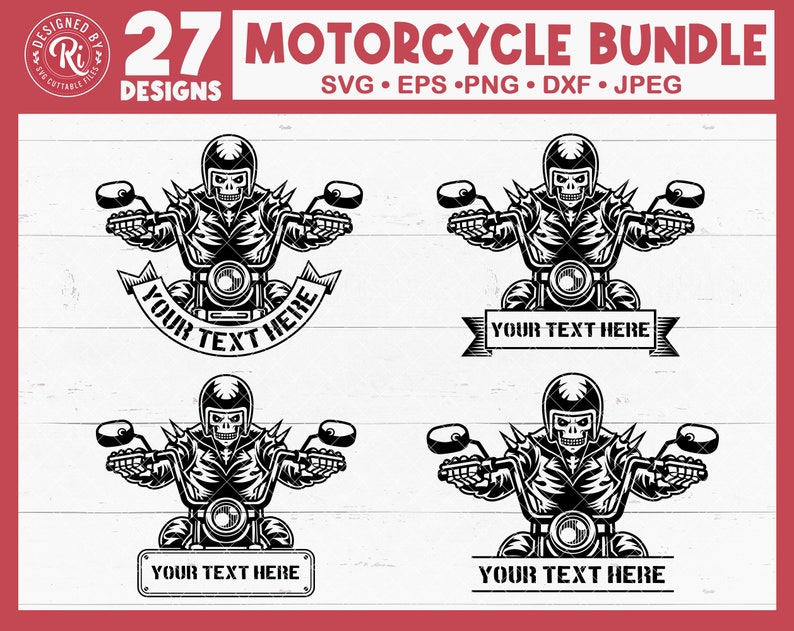 May include: A set of four black and white illustrations of a skeleton riding a motorcycle. Each illustration features a different pose of the skeleton and motorcycle. The text "YOUR TEXT HERE" appears below each illustration.