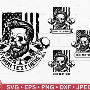 Monograma de barbeiro de caveira barbudo dos EUA Svg, logotipo de barbearia, camisa de barbeiro, corte de cabelo de caveira, penteado de caveira, caveira com bigode, cabeça de caveira, bandeira