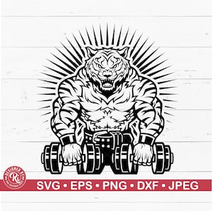 Tigre rugiente con mancuernas Svg, Modo Bestia Eps, Camisa de gimnasio Jpg, Entrenamiento Png, Levantamiento de pesas, Músculos, Logotipo de gimnasio, Barra, Motivación, Poder