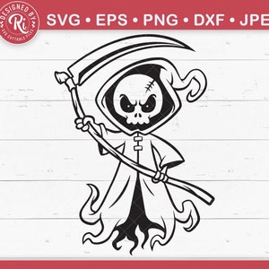 May include: Black and white cartoon illustration of a Grim Reaper holding a scythe. The reaper wears a hooded robe and has a skull face. The image includes the text "SVG • EPS • PNG • DXF • JPEG".
