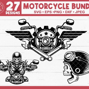 May include: A black and white illustration of a motorcycle with wings, wrenches, and a gear. The motorcycle has a skull helmet and a skull rider. The text "27 MOTORCYCLE BUNDLE" is at the top of the image.