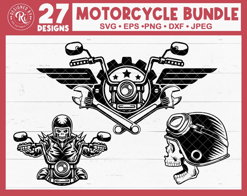 May include: A black and white illustration of a motorcycle with wings, wrenches, and a gear. The motorcycle has a skull helmet and a skull rider. The text "27 MOTORCYCLE BUNDLE" is at the top of the image.
