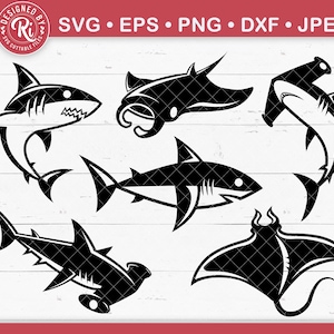 Sharks Svg Bundle, Hammerhead, Manta Ray, Great White Shark, Ocean, Fish, Sea Animals, Sticker, Silhouette, Clipart, Png, Logo, Vector, Dxf