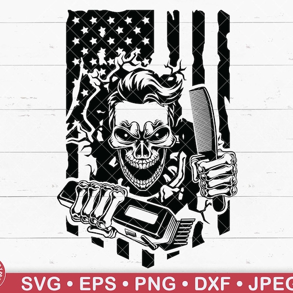 US Smashed Wall Skull Barber Svg, Barber Shop Logo, Hair Stylist, Hair Hustler, Hairdresser, Hairstylist, Hair Salon, Skull Vector, America