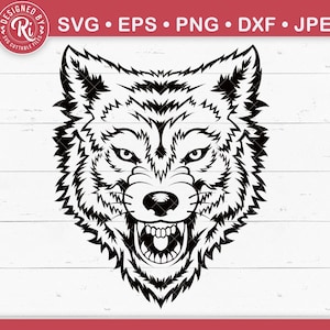 Puede incluir: Ilustración vectorial en blanco y negro de una cabeza de lobo gruñendo. El diseño presenta líneas nítidas y detalles intrincados, adecuado para archivos de corte. Incluye el texto 'SVG, EPS, PNG, DXF, JPEG'.