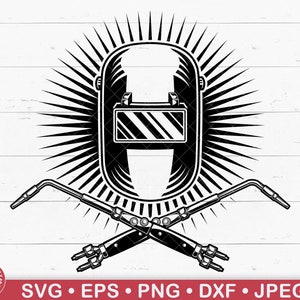 May include: Black and white illustration of a welder's helmet with a sunburst behind it. Two welding torches are crossed in front of the helmet.