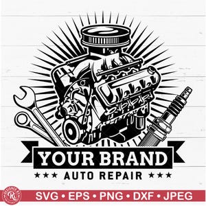 Logo personalizzato per officina di riparazione auto SVG, motore auto, meccanico, diesel Png, file di taglio decalcomania per auto, garage Eps, personalizzato, Cricut, Silhouette