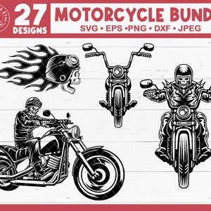 May include: A set of 27 motorcycle designs in black and white. The designs include a motorcycle with a skull rider, a motorcycle with flames, and a motorcycle with a skull helmet.