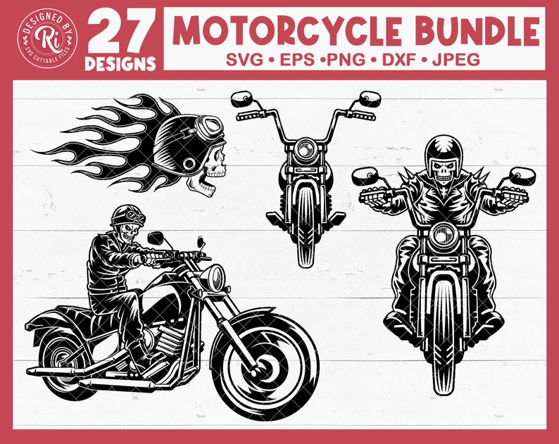 May include: A set of 27 motorcycle designs in black and white. The designs include a motorcycle with a skull rider, a motorcycle with flames, and a motorcycle with a skull helmet.