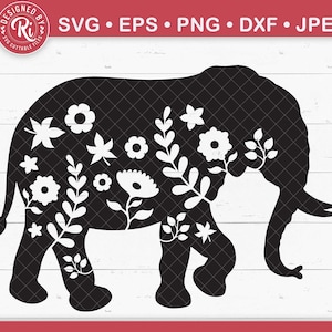 May include: Black silhouette of an elephant decorated with white floral and leaf patterns. The image includes the text "SVG • EPS • PNG • DXF • JPEG" and "DESIGNED BY RI SVG CUTTABLE FILES" in the upper left corner.
