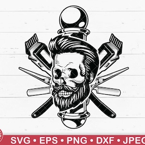 Logotipo de barbearia Svg, camisa de barbeiro com caveira barbuda, logotipo de salão de cabeleireiro, corte de cabelo de caveira, penteado de caveira, caveira com bigode, caveira da moda, caveira
