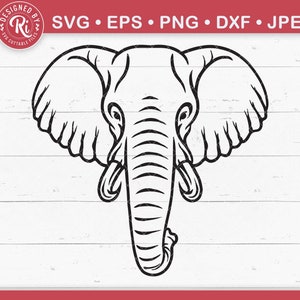 Puede incluir: Diseño de cabeza de elefante en blanco y negro. La imagen incluye el texto "SVG • EPS • PNG • DXX • JPEG" y "DESIGNED BY SVG CUTTABLE FILES". El elefante tiene orejas grandes y una larga trompa, ideal para proyectos de arte digital.