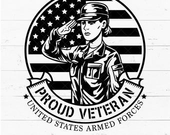 May include: Black and white illustration of a person in military uniform saluting, with an American flag in the background. The text "Proud Veteran United States Armed Forces" is displayed on a banner.