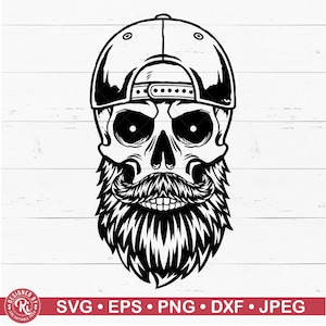 Bärtiger Schädel mit Kappe nach hinten gerichtet, Monogramm, bärtiger Mann, Tag der Toten, Papa, Mechaniker, Skelettkopf, Gothic, Shirt, Schnittdatei, Clipart
