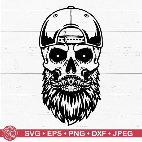 Bearded Skull with Cap Facing Backwards Svg, Bearded Man, Day of the Dead, Dad, Mechanic, Skeleton Head, Gothic, Shirt, Cut File, Clipart