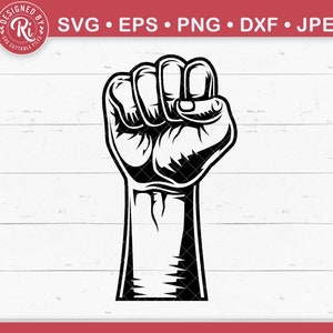May include: Black and white illustration of a raised fist, a symbol of strength and unity.