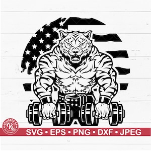 Tigre estadounidense con mancuernas (SVG), Modo Bestia (EPS), Camiseta de gimnasio (JPG), Entrenamiento (PVG), Levantamiento de pesas, Músculos, Logotipo de gimnasio, Patriota, Bandera estadounidense (DXF)