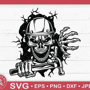 Smashed Wall Carpenter Skeleton Skull avec marteau et casque Svg, Mécanicien, Boîte à outils, Constructeur, Entrepreneur, Construction, Outils, Cricut, Png