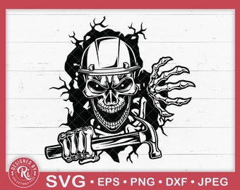 Smashed Wall Carpenter Skeleton Skull with Hammer and Hard Hat Svg, Mechanic, Toolbox, Builder, Contractor, Construction, Tools, Cricut, Png