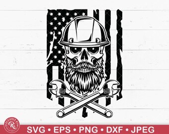 US Bearded Skull Mechanic Svg, Mechanic Logo, Wrenches, Repair Mechanic, Mechanic Shirt, Repairman, Engineer, Patriotic Skull Mechanic, Png