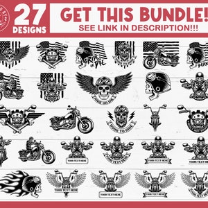 May include: A collection of 27 motorcycle-themed designs in black and white. The designs include skulls, motorcycles, wings, and banners with text. The text includes phrases like "Ride or Die" and "Born to Ride". The designs are on a white background.