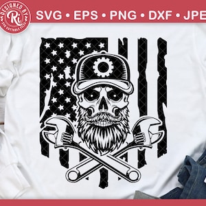 Bearded Skull Mechanic Svg, Mechanic Svg, American Mechanic Svg, Patriotic Mechanic Svg, Bearded Skull Cap Svg, American Flag Svg, Wrenches