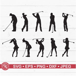 Silhouette di golfista, uomo, donna, donna, mazza da golf, logo, Cricut, silhouette, file di taglio, vettore, icona, grafica, clipart, Png, Eps, Dxf, Jpg
